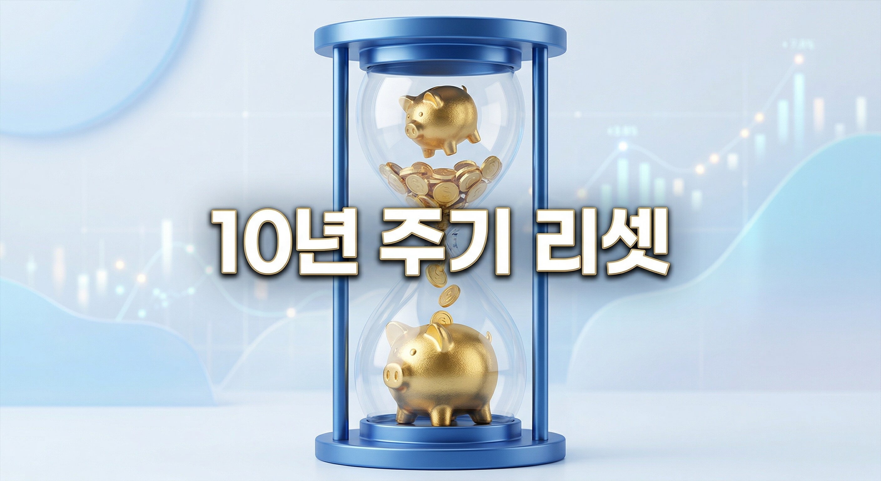 모래시계 위에서 아래로 금화가 흘러내리는 돼지 저금통 배경에 '10년 주기 리셋'이라는 한글 문구가 중앙에 적힌 3D 일러스트
