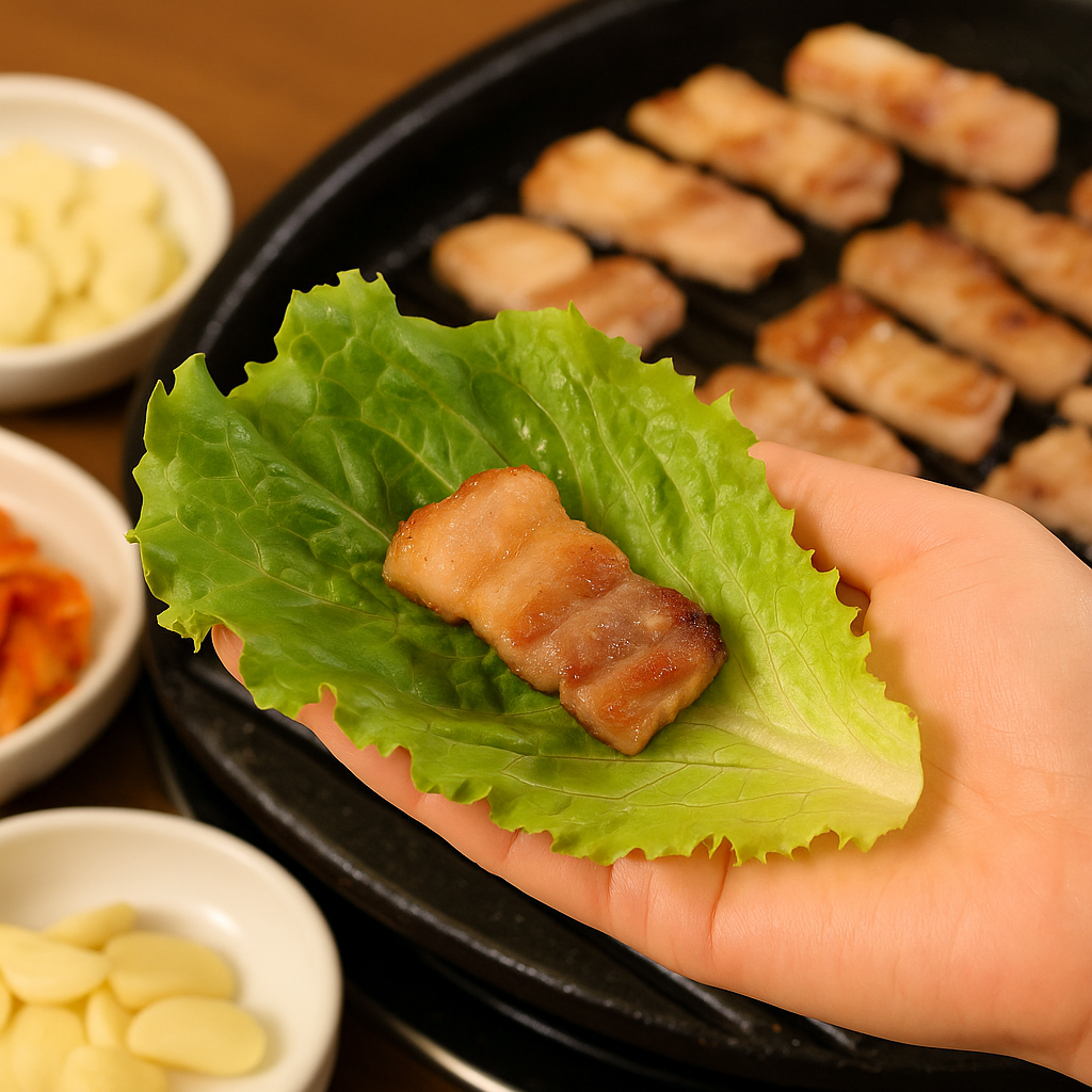 삼겹살과 상추를 함께 먹는 장면