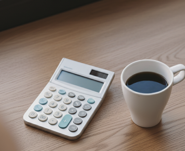 우드 테이블 위에 계산기와 아메리카노가 담긴 컵이 있다.