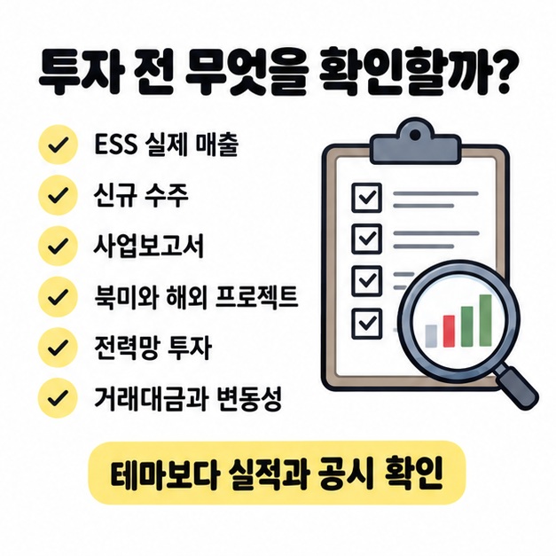 ESS 관련주를 볼 때 실적, 수주, 사업보고서, 거래대금을 확인하는 체크 그림