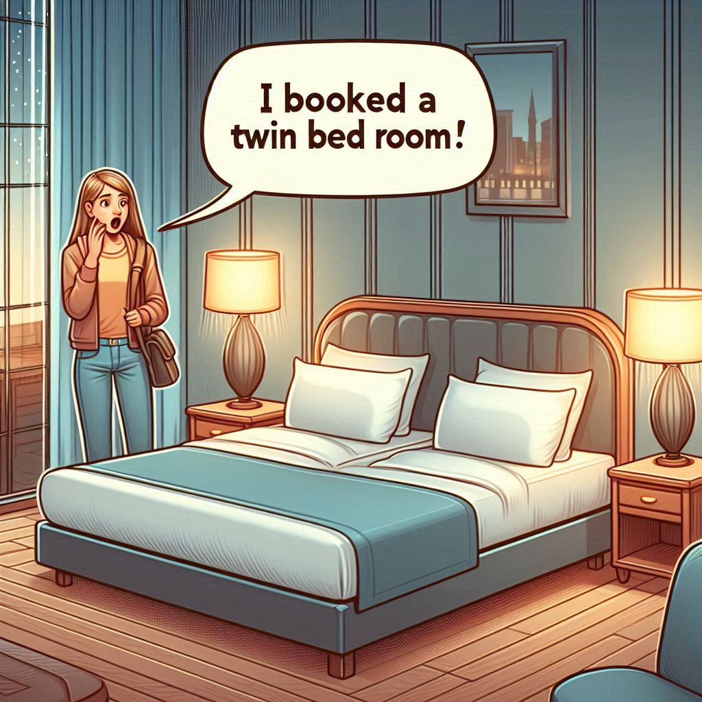 Two hotel beds side by side – one twin bed setup and one queen-size bed, with confused travelers pointing at them. Light humor cartoon style.