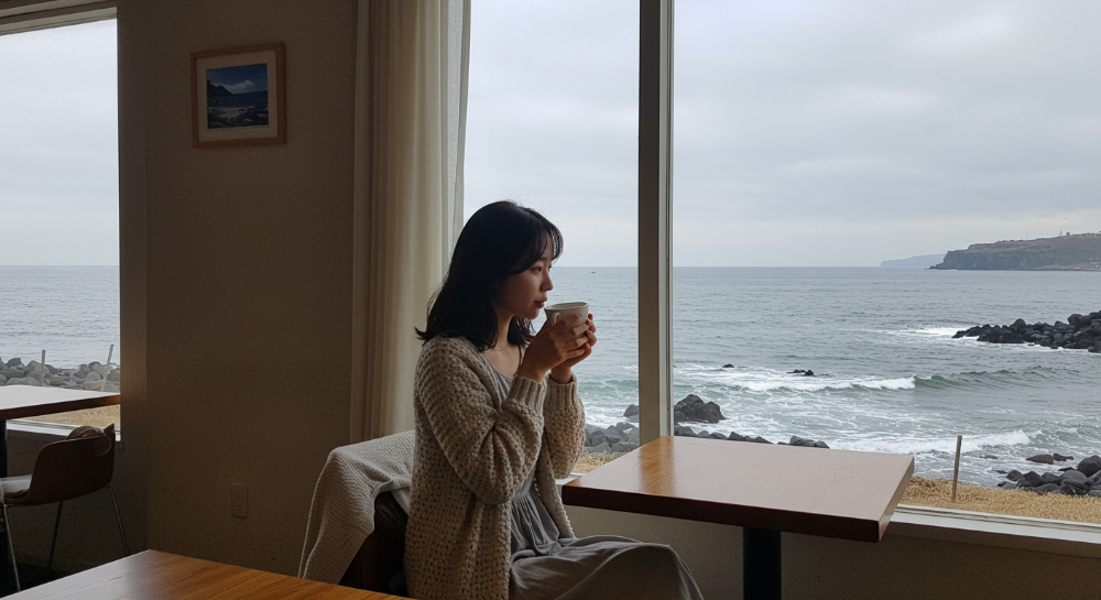 제주 바다를 바라보는 한적한 오션뷰 카페의 한국인 여성