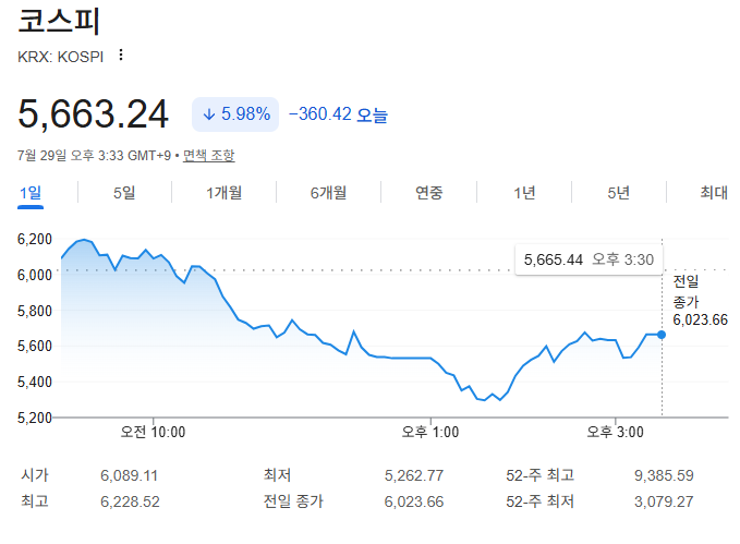 7월 29일 국내주식 장마감 코스피 6000선 붕괴 총정리