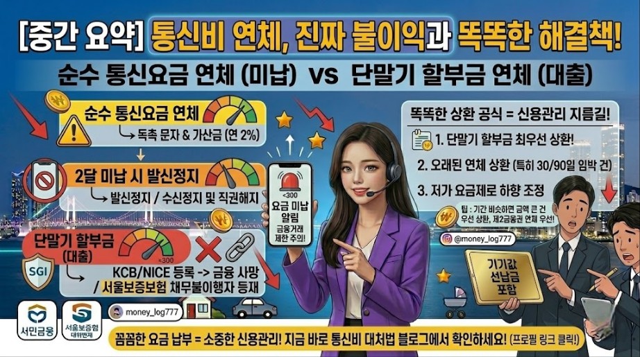 순수 통신요금 연체와 대출로 분류되는 단말기 할부금 연체의 치명적인 차이점을 비교하고, 서울보증보험 대위변제 및 신용불량자(채무불이행자) 등재 위험을 경고하는 돈되는 생활정보 블로그 중간 요약 이미지