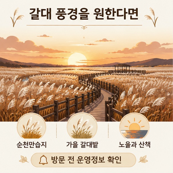 순천만의 넓은 갈대밭과 데크길, 노을 풍경을 배치해 가을 산책 여행지를 표현한 이미지