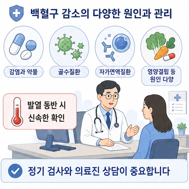 감염과 약물, 골수질환과 자가면역질환, 영양문제 등 백혈구 감소의 원인이 다양하므로 반복적인 이상이나 발열이 있으면 의료진의 평가가 필요함을 보여 주는 그림