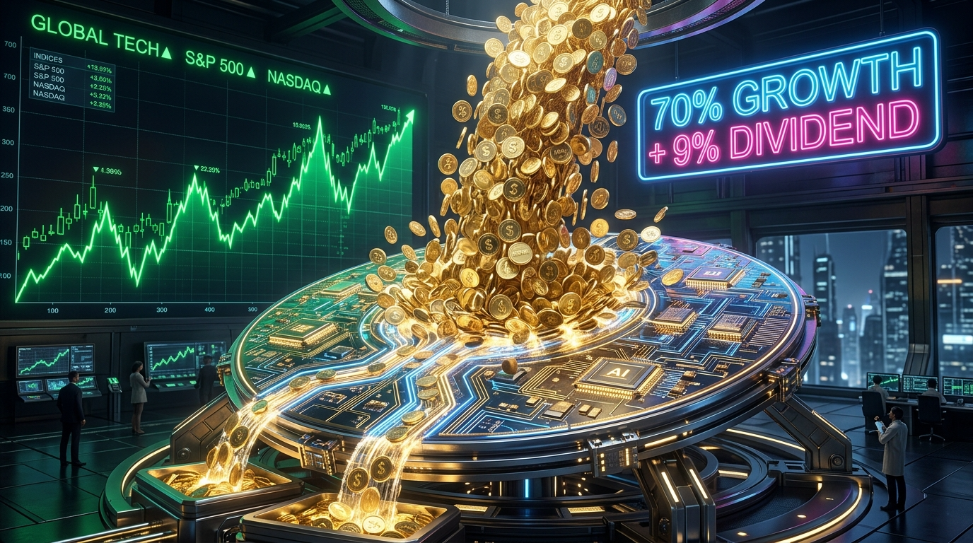 거대한 반도체 웨이퍼 위로 황금색 동전이 폭포처럼 쏟아지고, '70% 상승 참여'라는 네온사인이 강렬하게 빛나는 3D 렌더링 썸네일