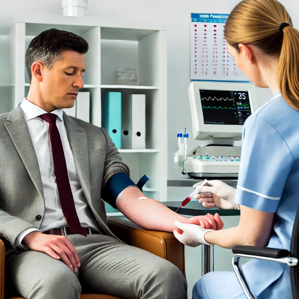 직장인이 간 기능 검사를 받기 위해 혈액을 채취하는 장면