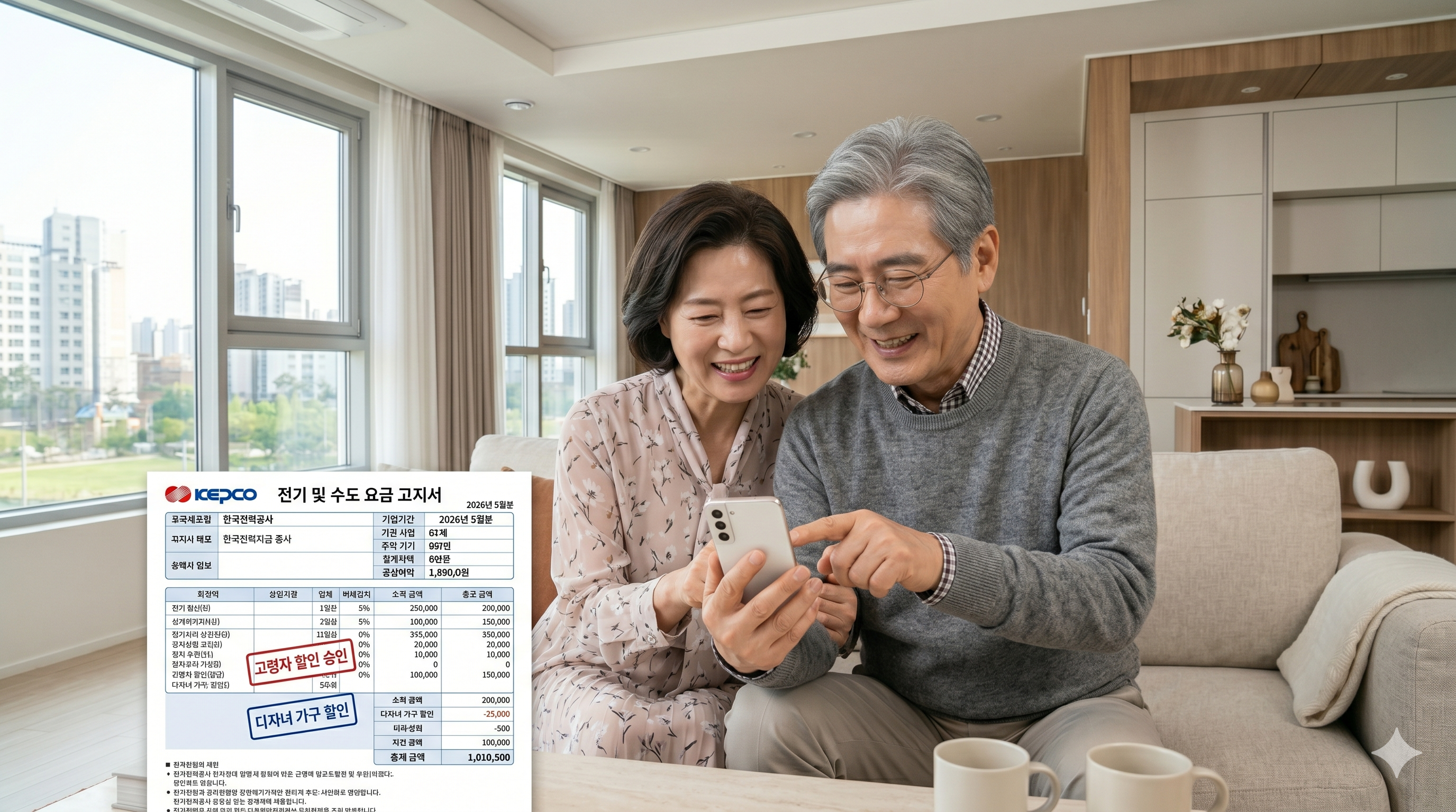 거실 탁자 위 전기요금 고지서를 보며 스마트폰 복지로 앱으로 이동통신 요금 및 공공요금 수급자 감면 신청을 완료하고 기뻐하는 만 65세 이상 기초연금 수급자 어르신 부부