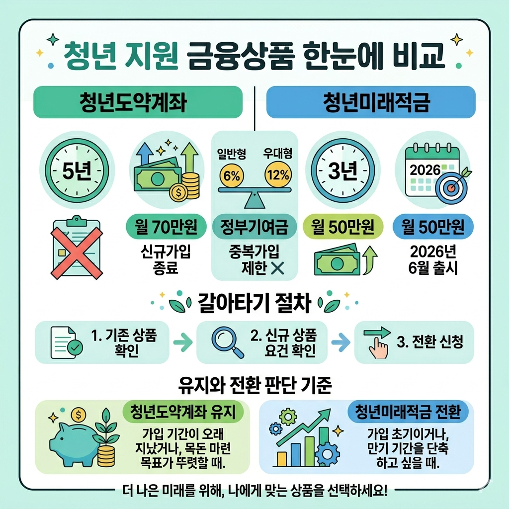 청년도약계좌 vs 청년미래적금 비교｜유지할지 갈아탈지 판단 기준 인포그래픽
