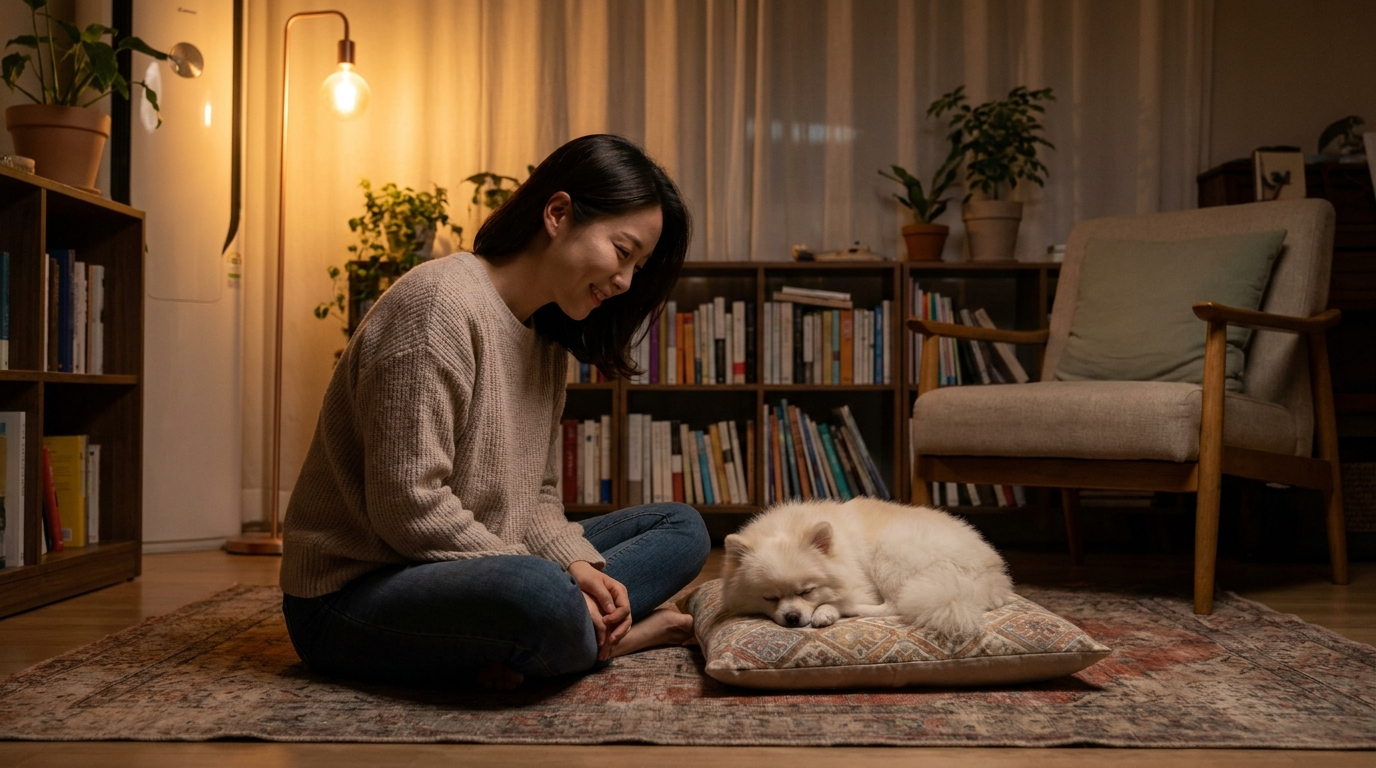 거실에서 강아지 지켜보는 보호자