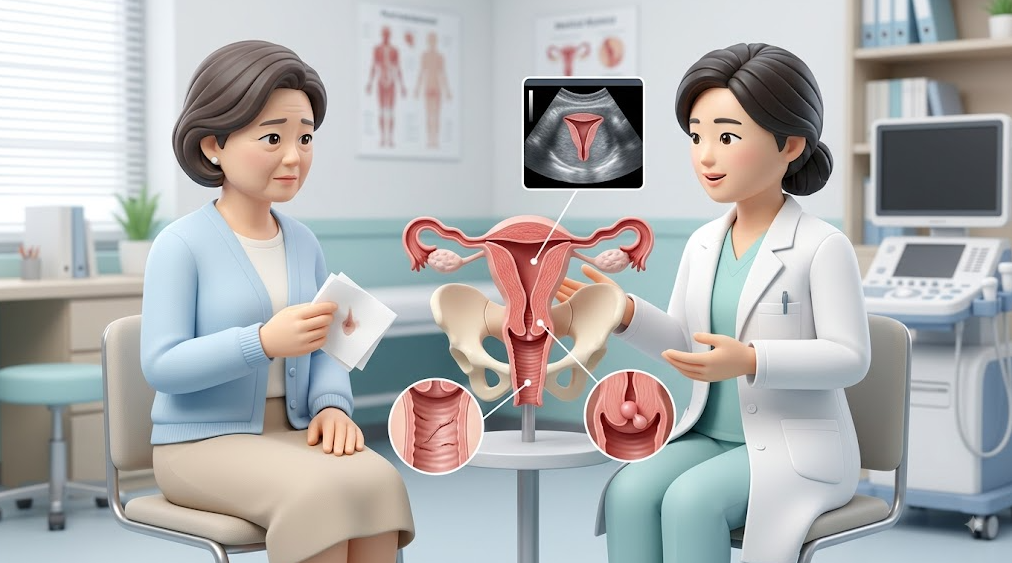 1. 폐경 후 소량 출혈의 다양한 원인을 설명하는 산부인과 진료실 모습과 자궁, 자궁경부, 질 해부학 모형 일러스트