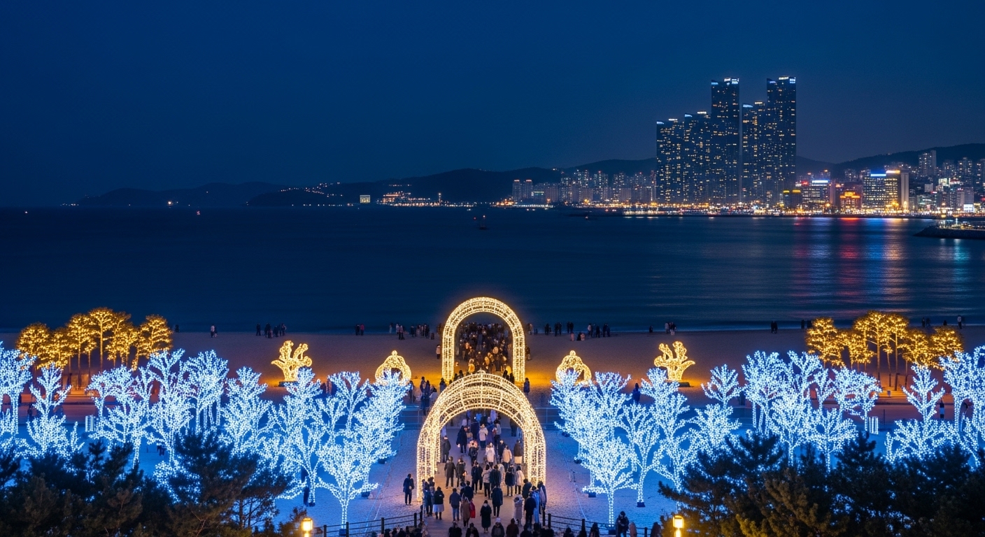 2025년 겨울, 화려한 빛 조형물과 조명으로 가득 찬 해운대 해변 빛축제의 웅장하고 아름다운 야경. 멀리 마린시티의 건물들이 빛나고 있다.