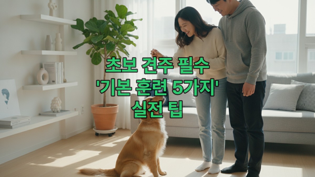 초보 견주가 한국 아파트 거실에서 귀여운 골든 리트리버 강아지에게 앉아 훈련을 시키는 모습. 간식으로 유도하며 긍정 강화를 통해 교감하는 따뜻한 장면.