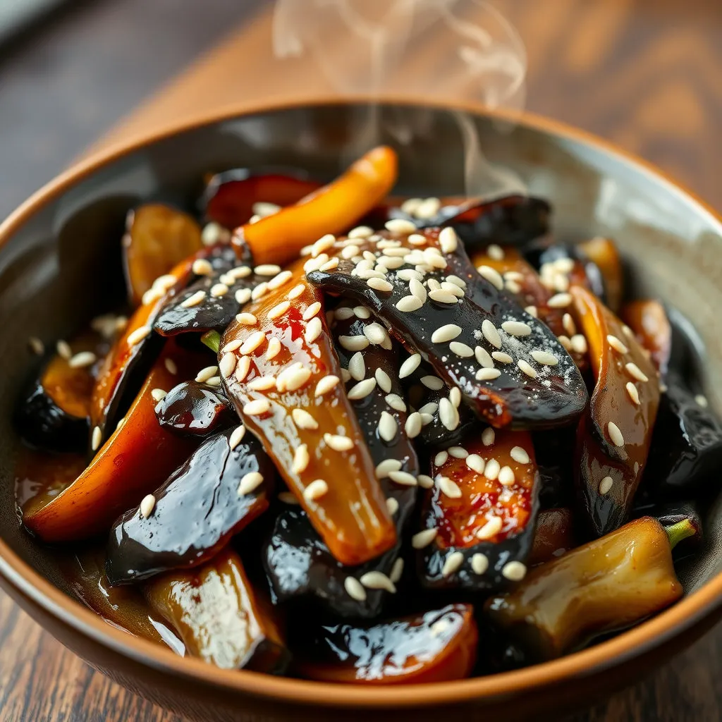 물기 없이 윤기 나게 볶아진 가지볶음이 오목한 그릇에 담겨 있습니다. 통깨가 솔솔 뿌려져 있고, 김이 모락모락 나는 듯한 따뜻한 느낌을 줍니다.