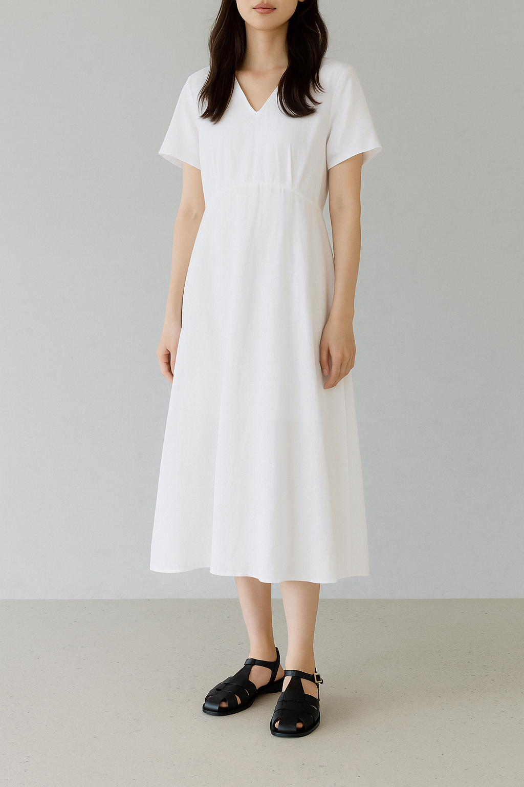 화이트 원피스에 쿠에른 샌들을 매치한 여름 코디 착용샷