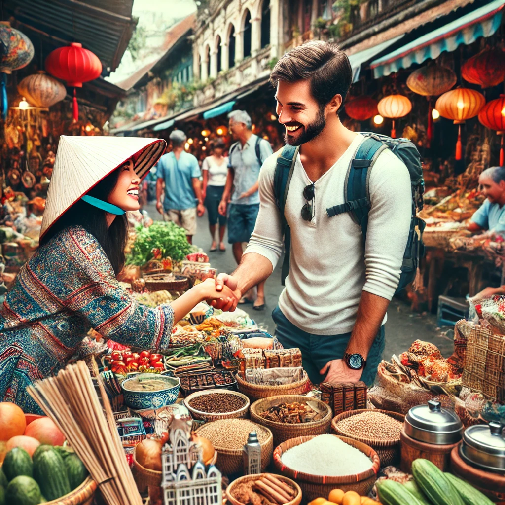베트남 시장에서 현지인과 흥정하며 물건을 사는 관광객