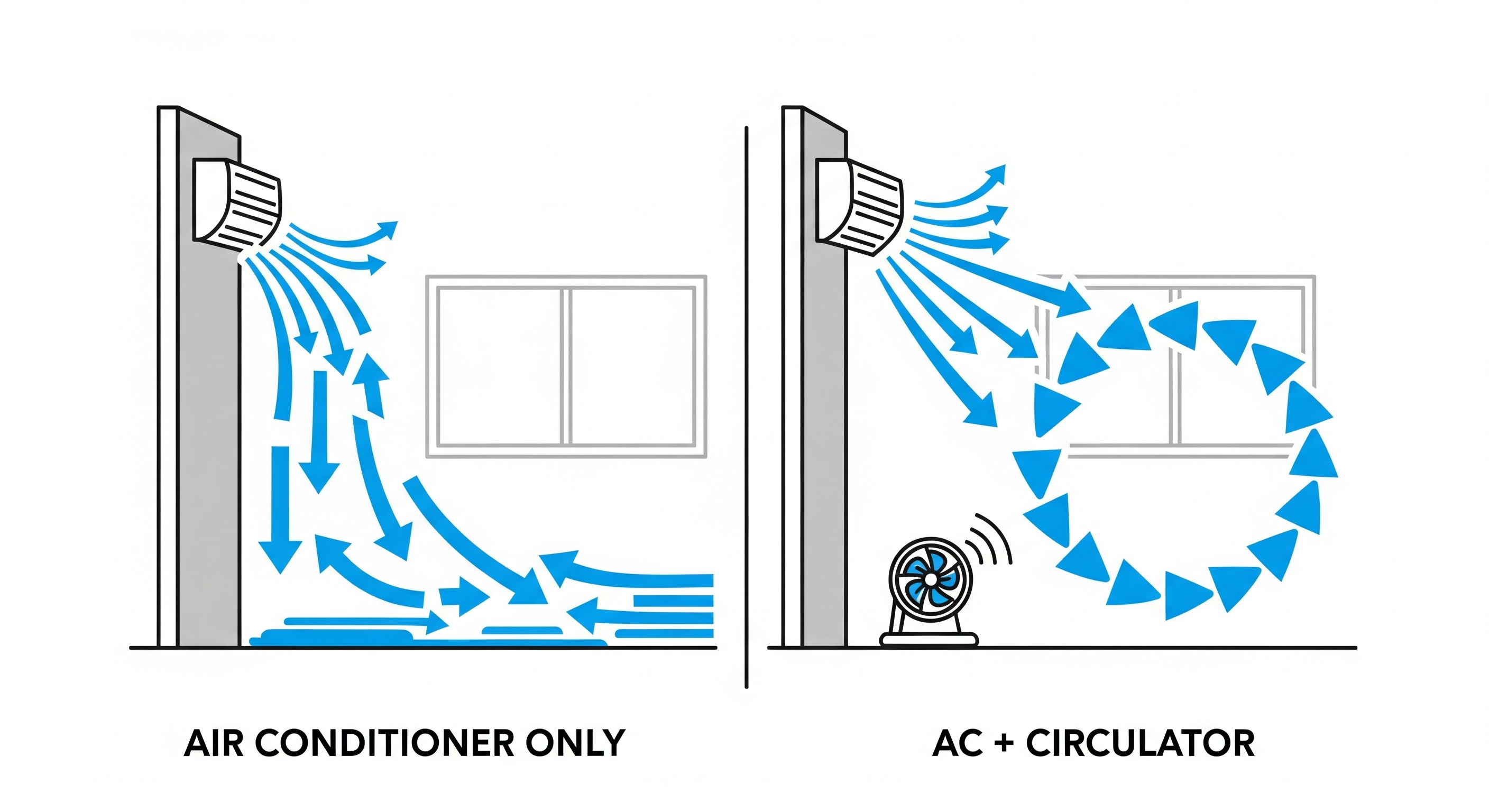 에어컨 단독 사용과 서큘레이터 병행 사용 시 공기 흐름 비교 인포그래픽