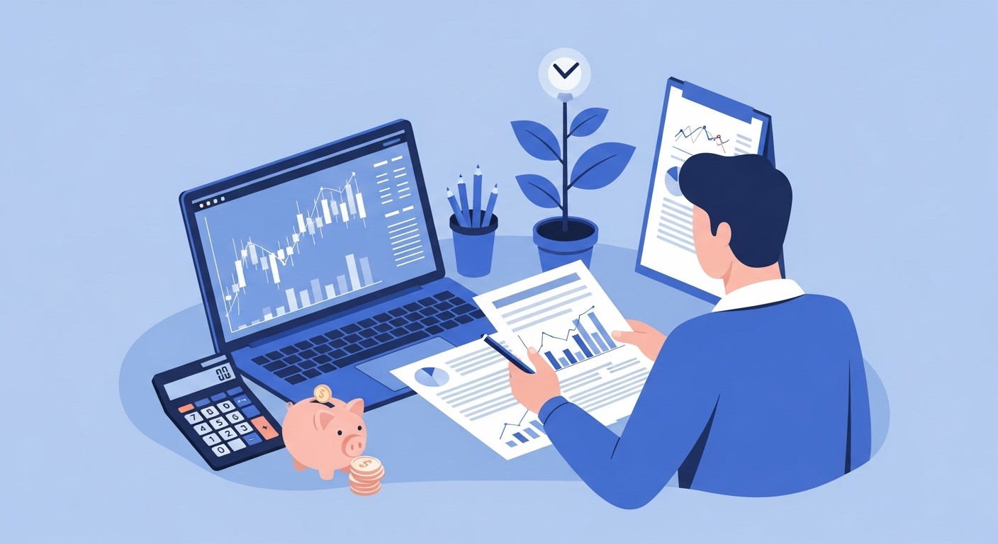 한 개인이 노트북으로 주식 차트를 보고 계산기를 사용하며 재무 계획을 세우는 모습. 꾸준한 투자와 장기적인 관점의 중요성을 상징하는 이미지.