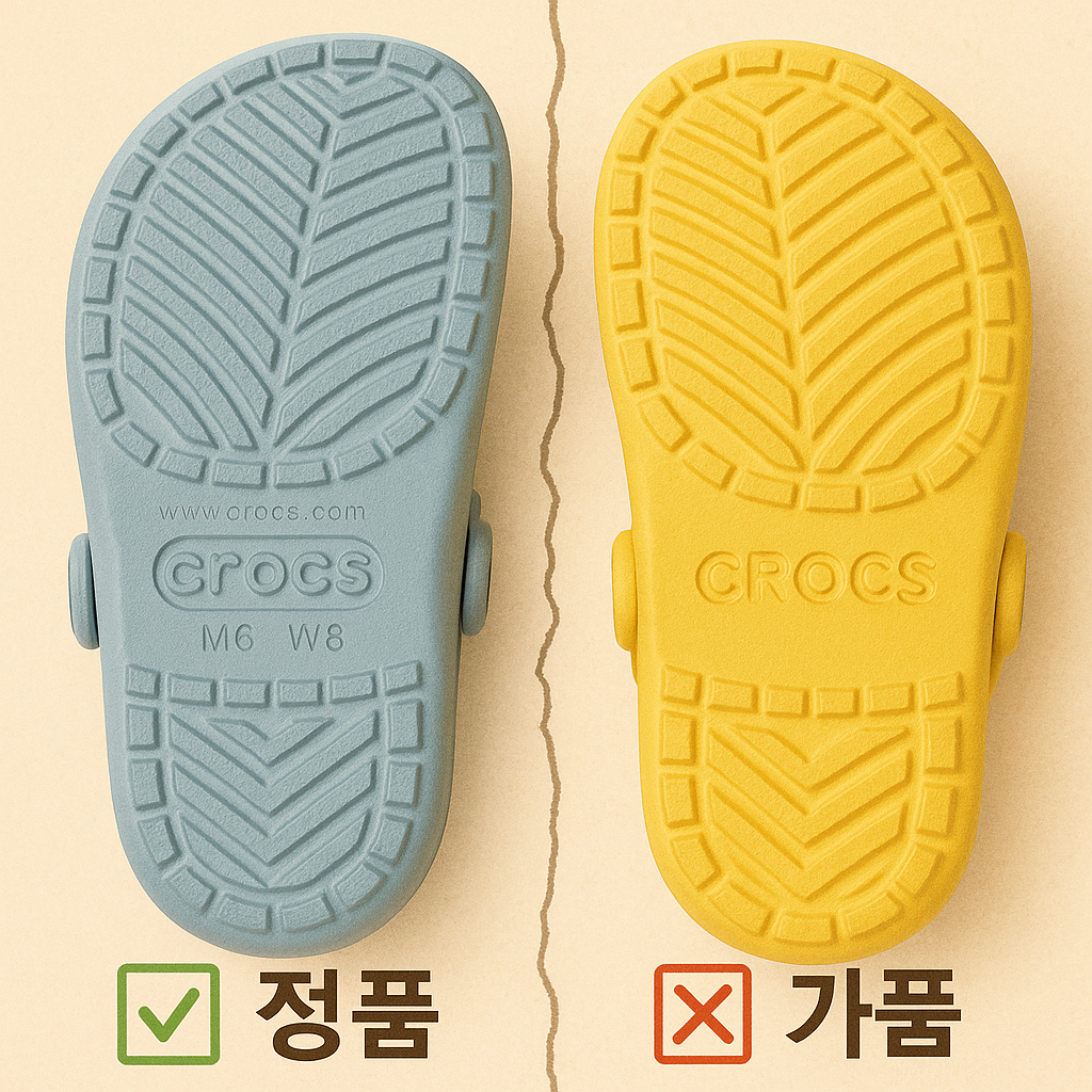 정품과 가품 크록스의 밑창 로고 비교 이미지 &ndash; 차이점 강조