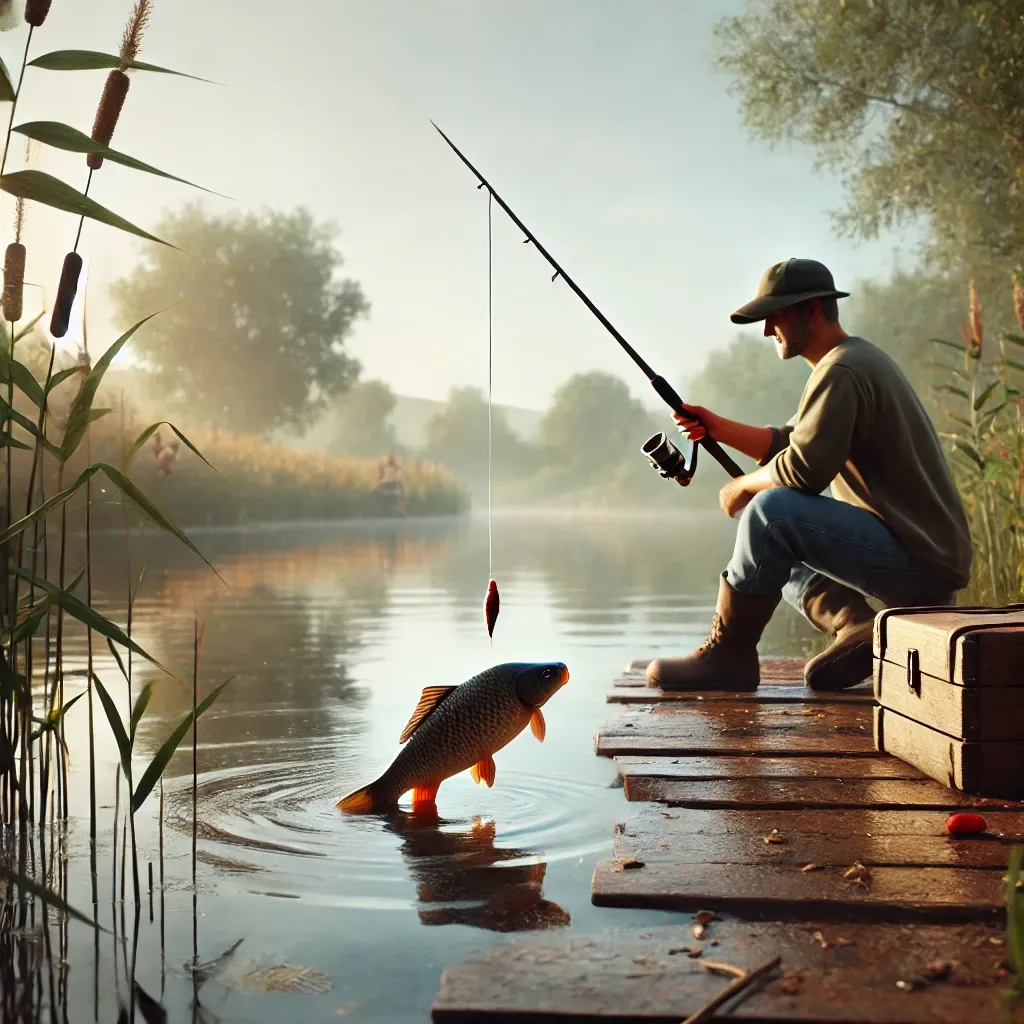 멀리서 붕어를 낚은 사람의 평화로운 민물낚시 장면