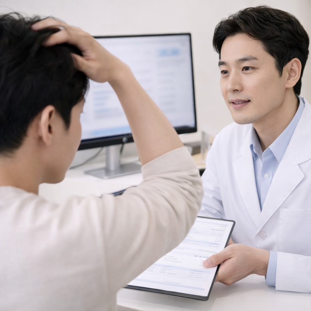 원형탈모 치료를 위해 피부과에서 상담을 받는 모습