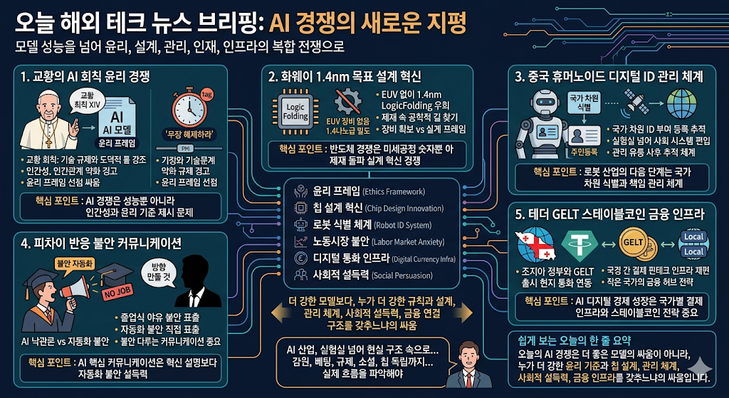 교황의 AI 회칙, 화웨이의 1.4nm 목표, 중국의 휴머노이드 로봇 디지털 ID, 피차이의 반응, 테더의 조지아 스테이블코인