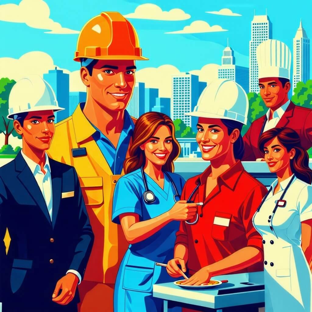 다양한 직업의 근로자와 사업자들이 함께하는 모습,