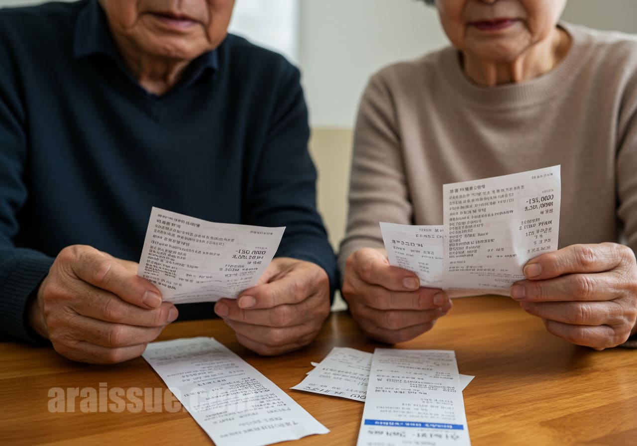 두 명의 고령자가 건강보험 적용 임플란트와 비급여 임플란트 비용을 비교하는 모습. 실제 영수증과 가격표가 테이블 위에 펼쳐져 있습니다.