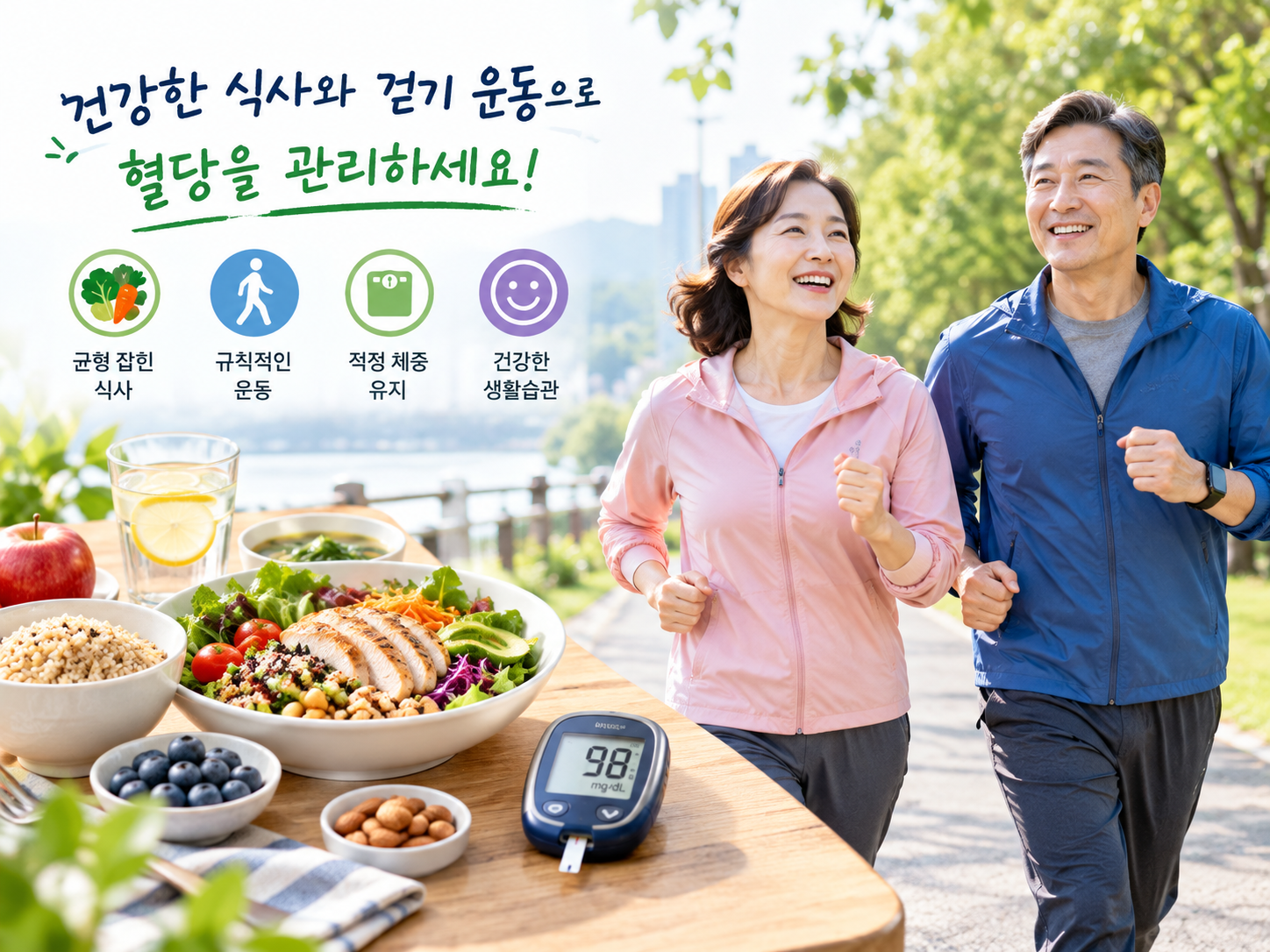 건강한 식사와 걷기 운동으로 혈당을 관리하는 중년 성인