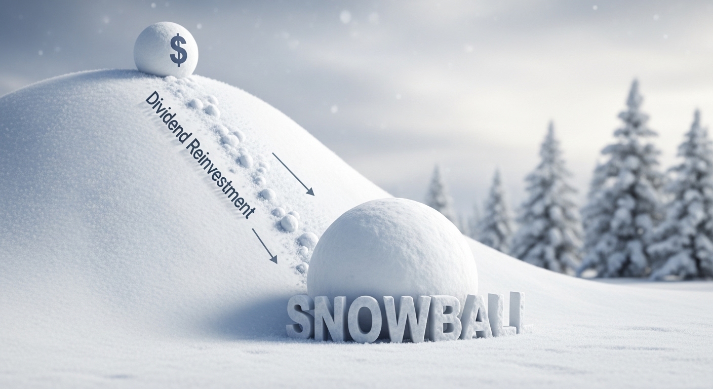 작은 배당금(달러) 눈덩이가 '재투자' 경사면을 굴러 내려오며 거대한 스노우볼이 되는 이미지