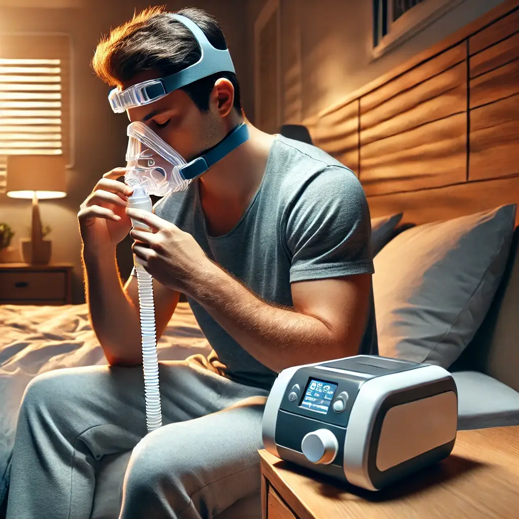 수면무호흡증 치료를 위해 CPAP 마스크를 조정하는 사람