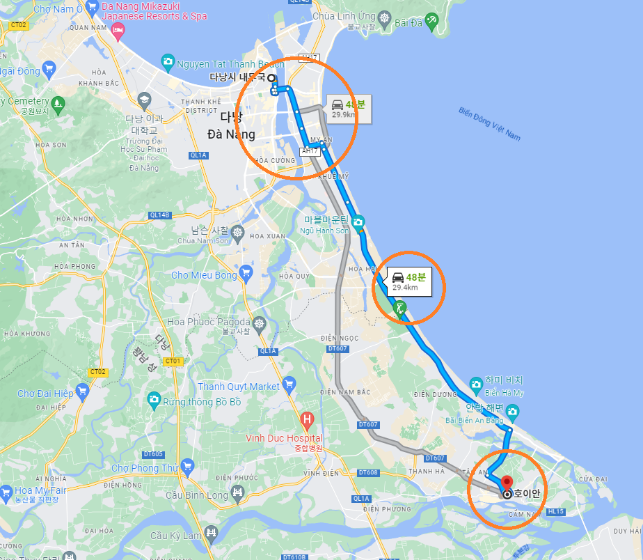 다낭에서 호이안까지 거리 지도