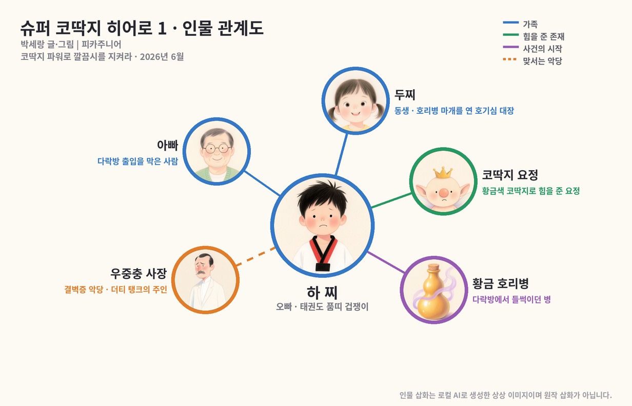 슈퍼 코딱지 히어로 1 인물관계도: 하찌를 중심으로 동생 두찌, 코딱지 요정과 황금 호리병, 악당 우중충 사장, 아빠