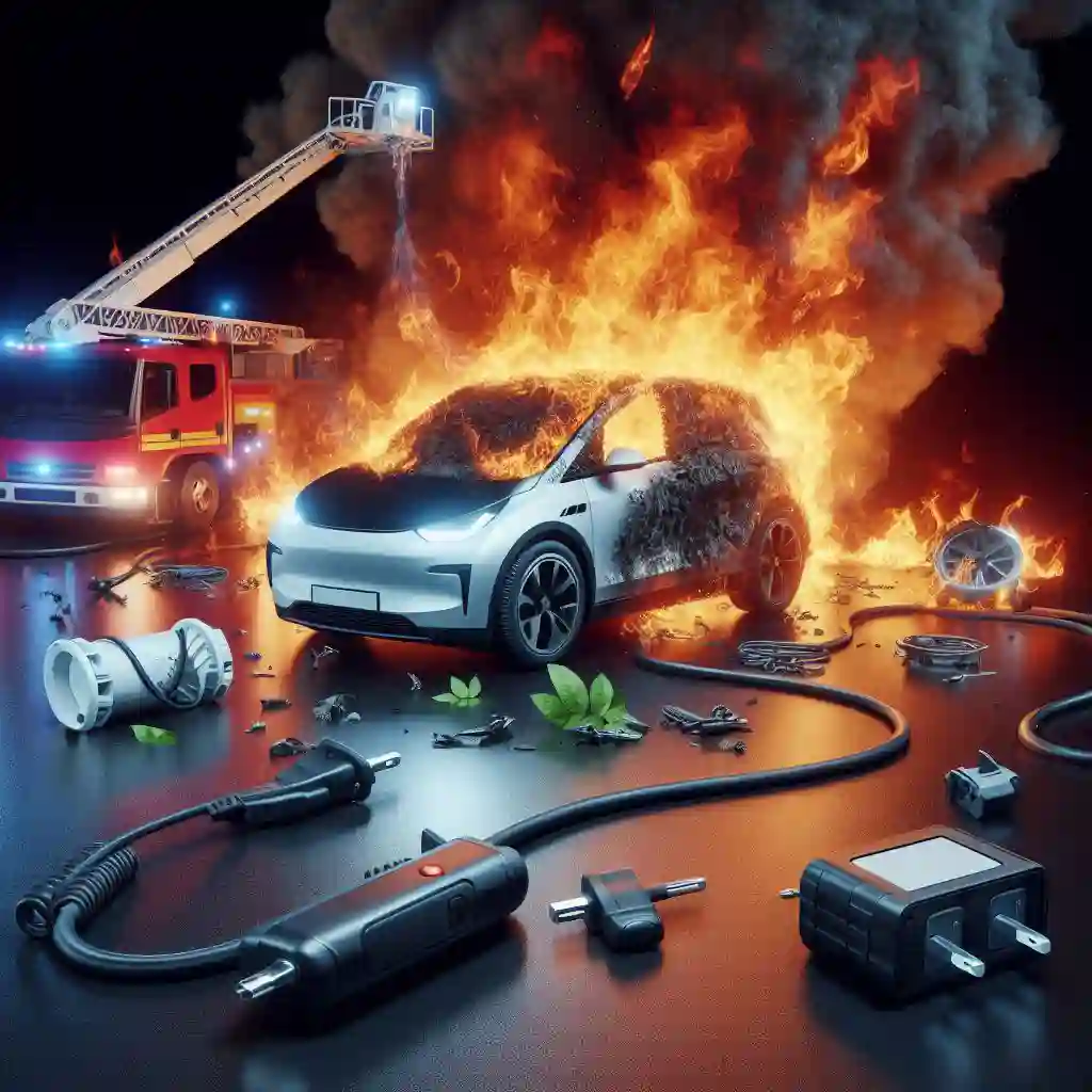 전기차 화재를 끄고 있는 소방차