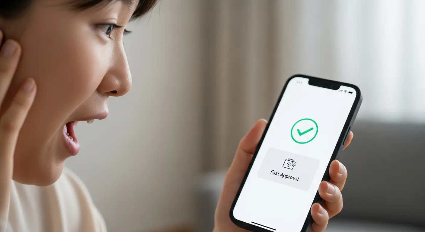 희망안전금융에서 비대면 당일 대출 승인 알림을 받고 안도하는 한국인 사용자