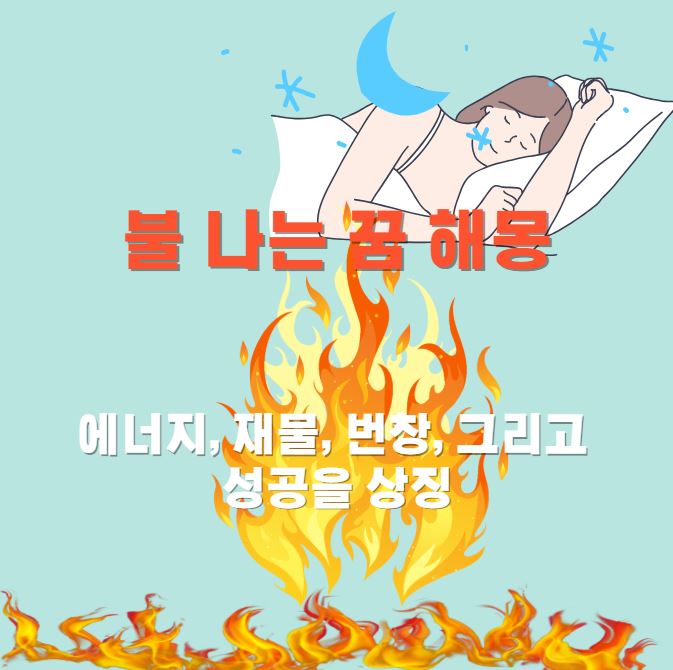 여성이 잠들고 꿈을 꾸는 모습 아래로 불이 활활타오르고 있다.
