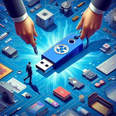 거대한 USB와 작은 인물들이 디지털 세계를 탐험하는 모습.