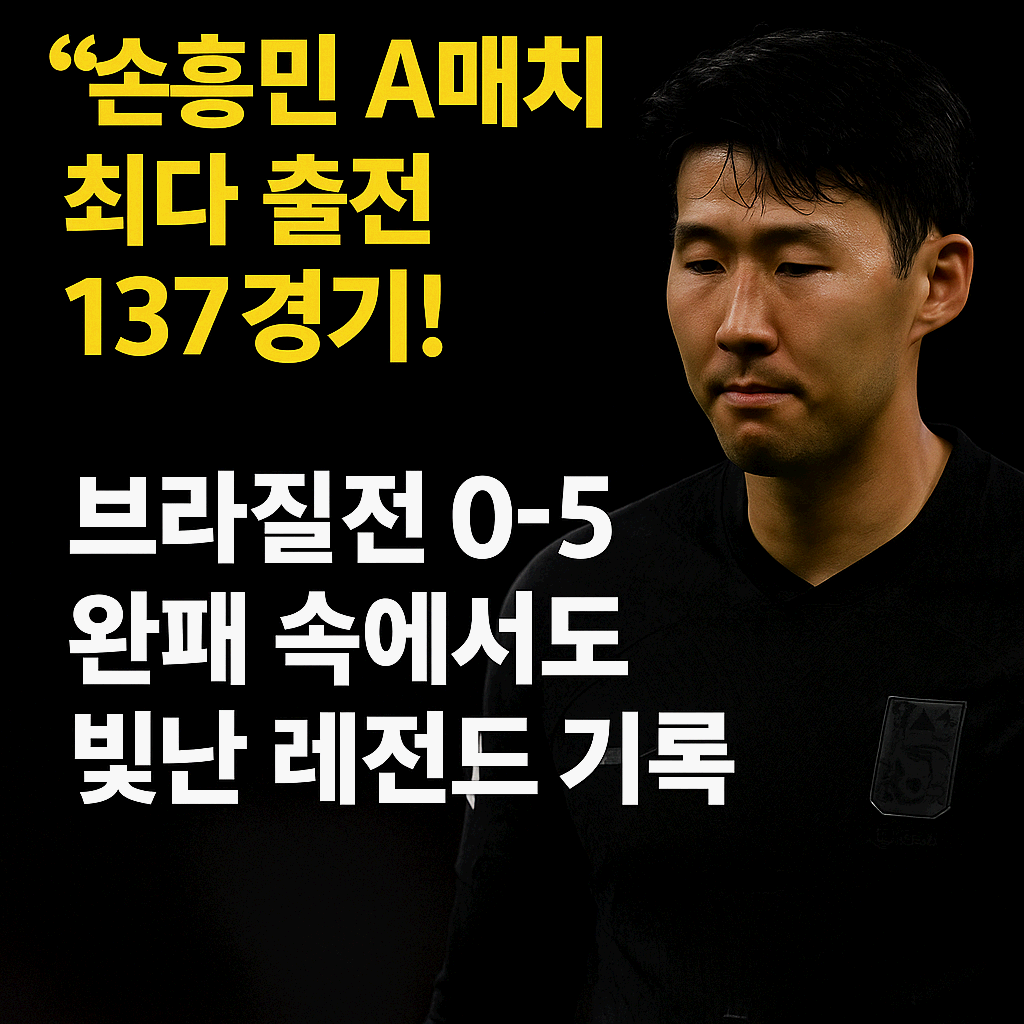 손흥민 A매치 최다 출전 137경기! 브라질전 0-5 완패 속에서도 빛난 레전드 기록