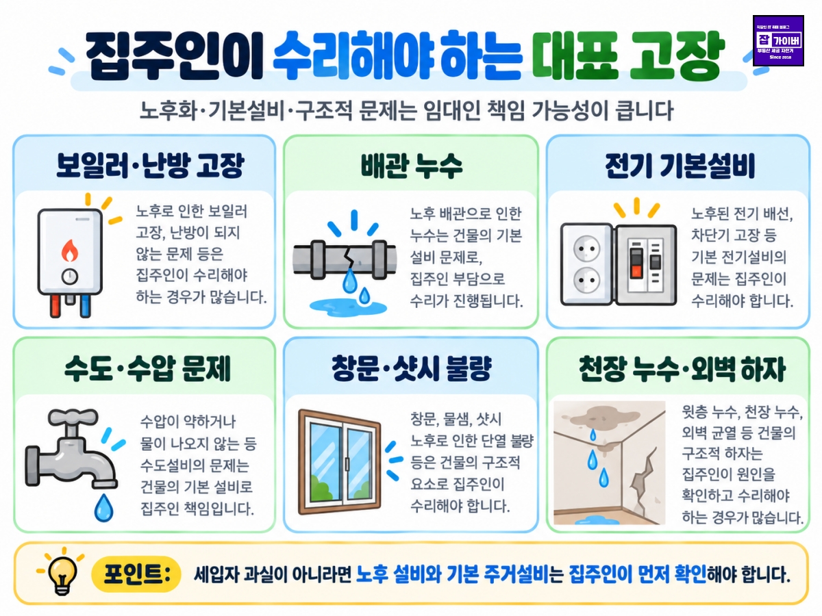 보일러 난방 배관 누수 전기 수도 등 집주인 수리 책임 대표 고장