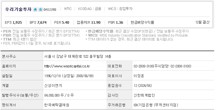 우리기술투자 주가 기업개요 (1112)