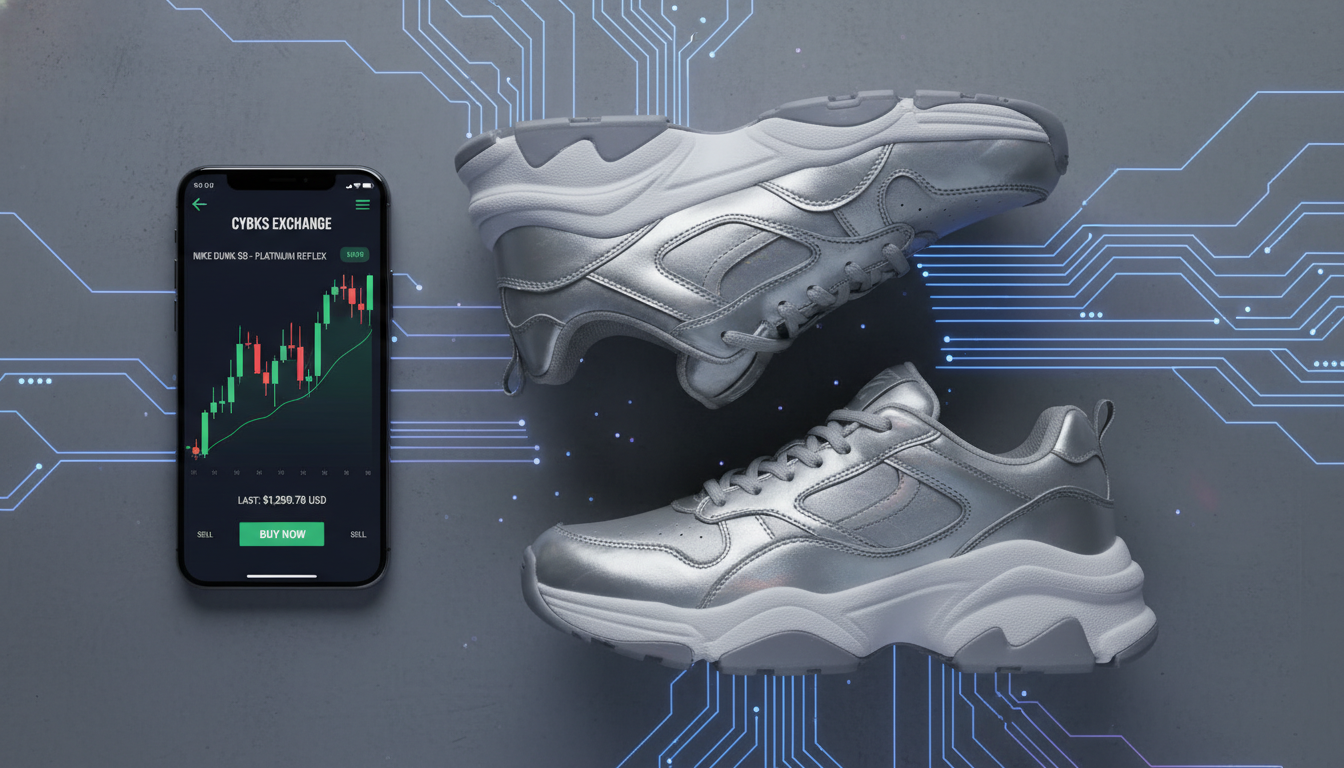 나이키 V2K 런 메탈릭 실버 운동화와 스마트폰 리셀 플랫폼 시세 화면