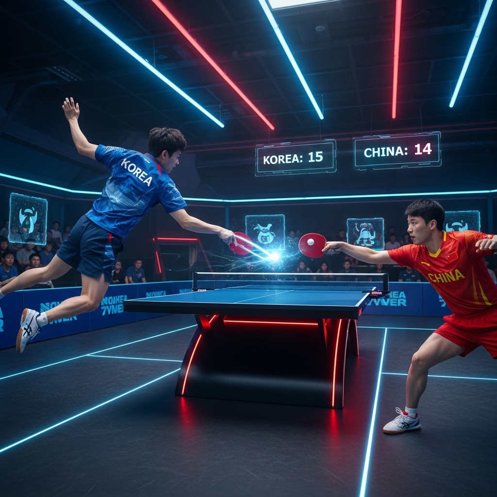 한국과 중국 탁구 선수가 치열하게 경기하는 모습, 미래적인 경기장에서 강력한 서브와 스매시를 주고받으며 패권을 다투는 역동적인 순간.
