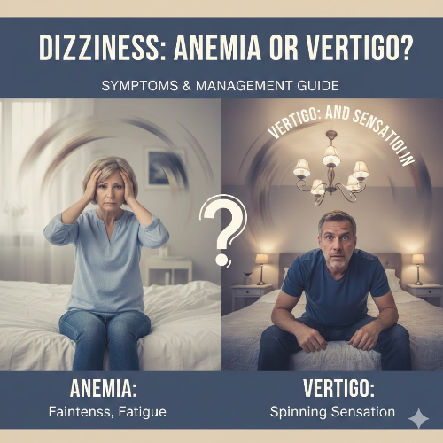 앉아 있는 중년 여성이 머리를 감싸 쥐고 어지러움을 느끼는 모습과 침대에 앉아 천장이 빙글빙글 도는 듯한 어지럼증을 느끼는 중년 남성의 모습이 병치되어 있다. 중앙에는 물음표가 있고, 'Dizziness: Anemia or Vertigo? Symptoms & Management Guide'라는 제목과 함께, 여성 아래에는 'Anemia: Faintness, Fatigue', 남성 아래에는 'Vertigo: Spinning Sensation'이라는 설명이 영어로 기재되어 있다. 전체적으로 어지럼증의 두 가지 주요 원인을 대비시켜 보여주는 건강 정보 이미지