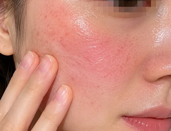 기능성 크림 사용 후 따가움이나 붉어짐 등 부작용 증상으로 손으로 볼을 감싸고 있는 피부 상태