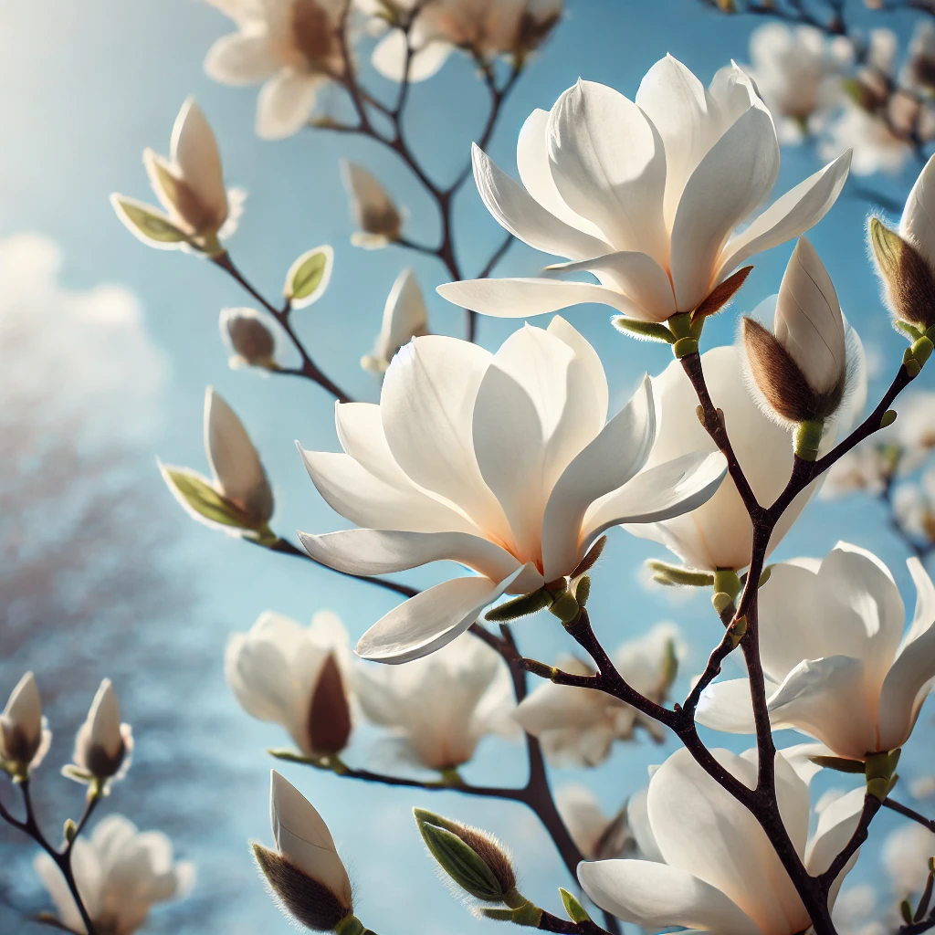 맑은 파란 하늘을 배경으로 한 목련(Magnolia kobus) 나무가 아름답게 피어 있는 모습입니다. 크고 우아한 흰색 꽃들은 꽃잎이 살짝 말린 듯한 형태로, 섬세한 분위기를 자아냅니다. 나뭇가지에는 초록색의 새싹이 막 돋아나고 있으며, 부드러운 햇빛이 목련을 비추어 그 순수하고 자연스러운 아름다움을 더욱 돋보이게 합니다.
