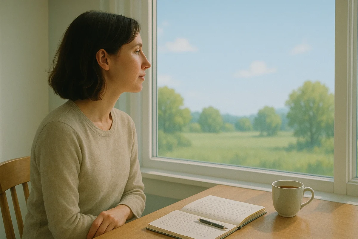 인지 왜곡 교정과 CBT 사고 전환을 상징하는 창밖 사색 장면