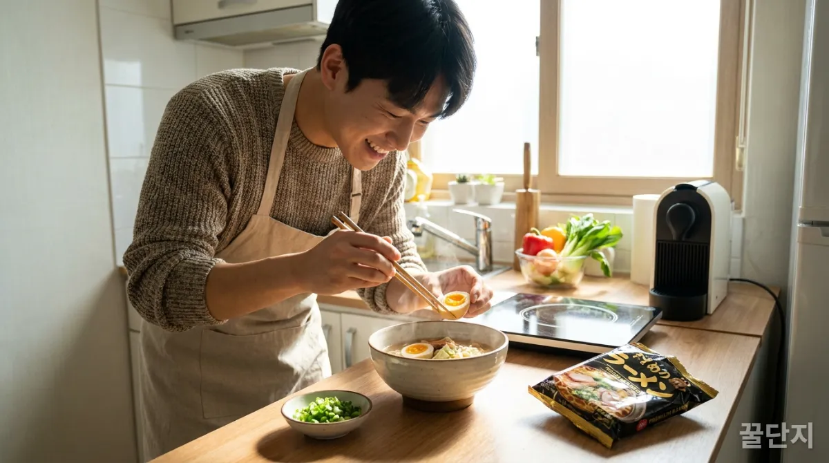 작은 주방에서 프리미엄 라면에 파와 계란을 추가하며 만족스럽게 웃는 20대 한국 남성