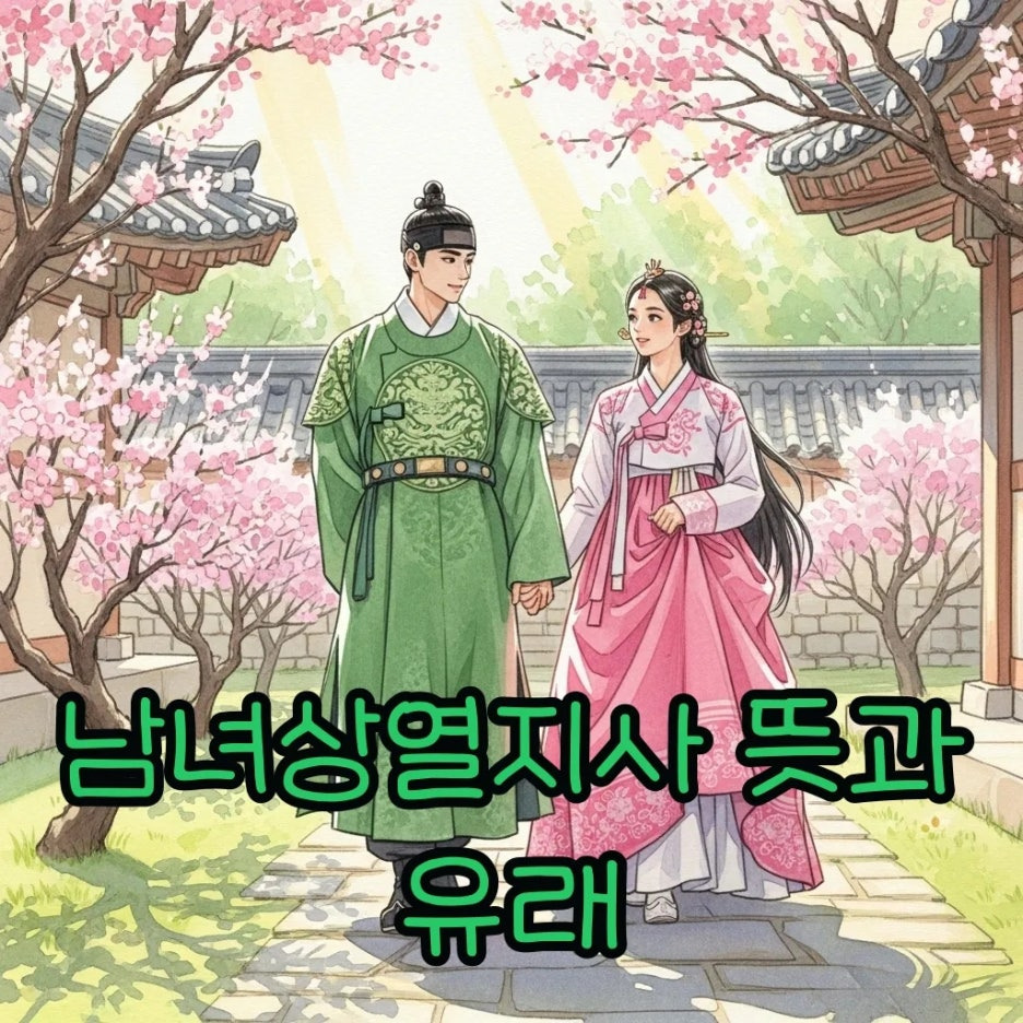 고려 시대 복장을 한 남녀가 꽃이 핀 정원을 거니는 모습