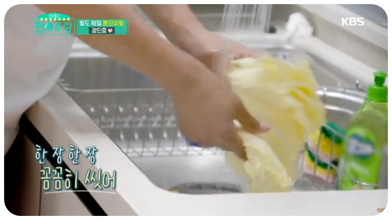 알배기배추를 흐르는 물에 잘 씻습니다